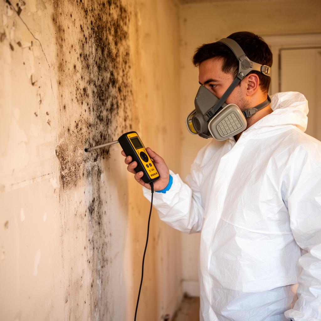 Technician inspecting a wall for hidden moisture